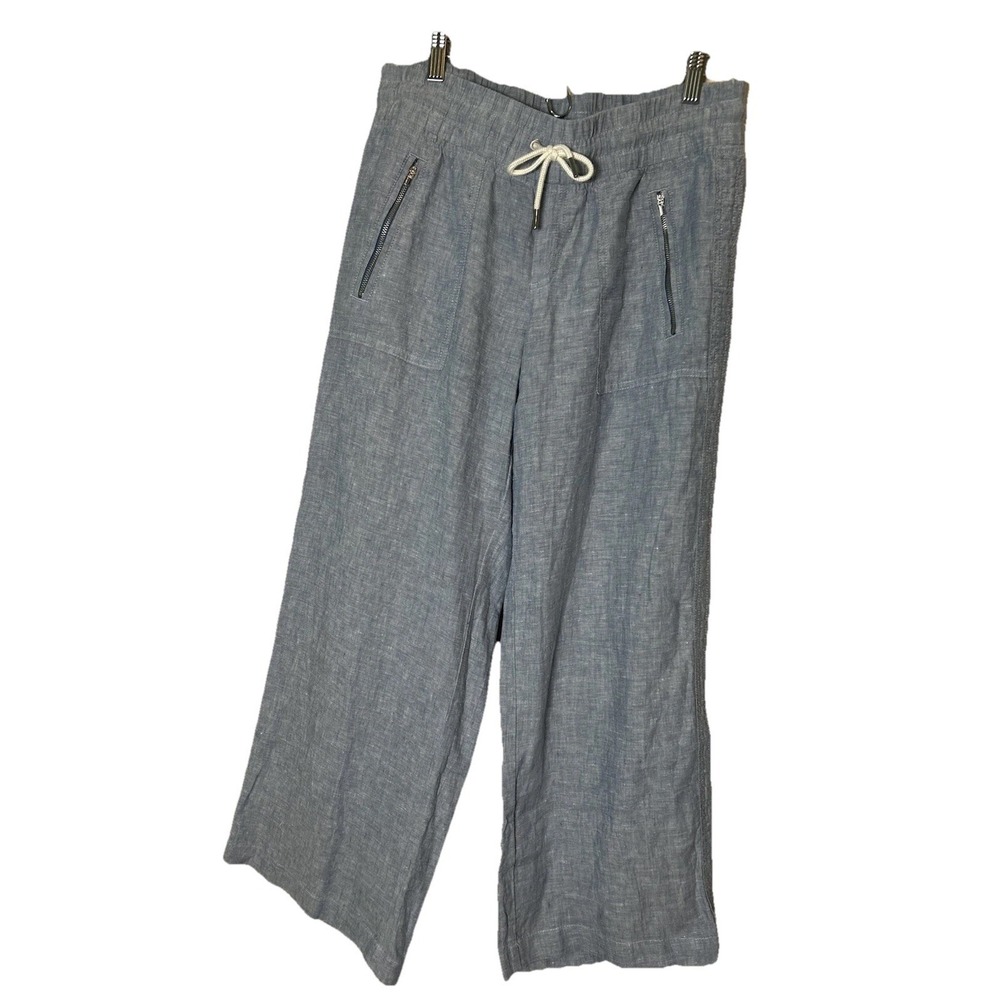Athleta Women Cabo Linen Wide Leg Pants Sz 4P Chambray Blue Pants Costal Resort
